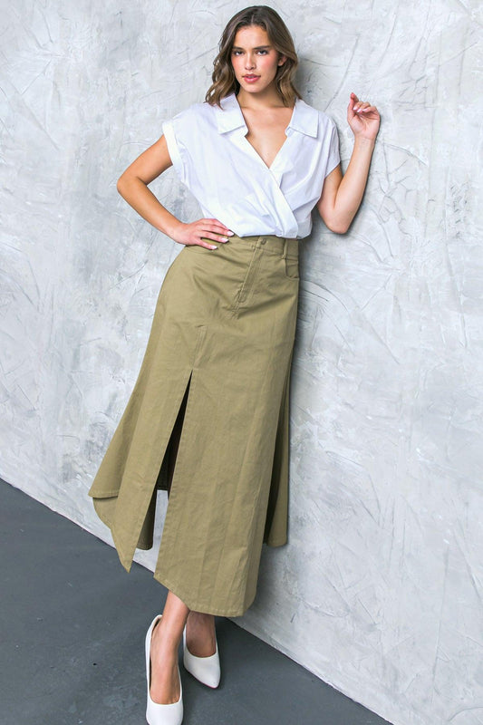Complete Crush Twill Midi Skirt With Front Slit And Side Pockets