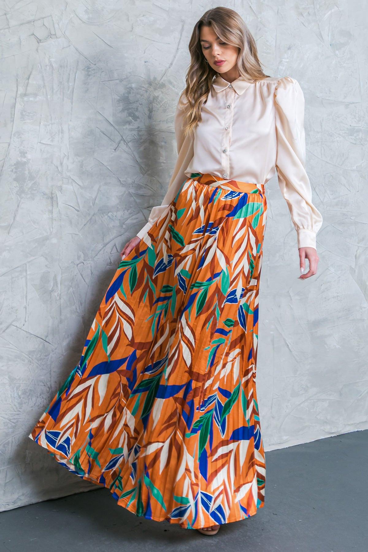 Feels Like Fall Woven Maxi Skirt Boho Pleated Flowing Silhouette Elastic Waist