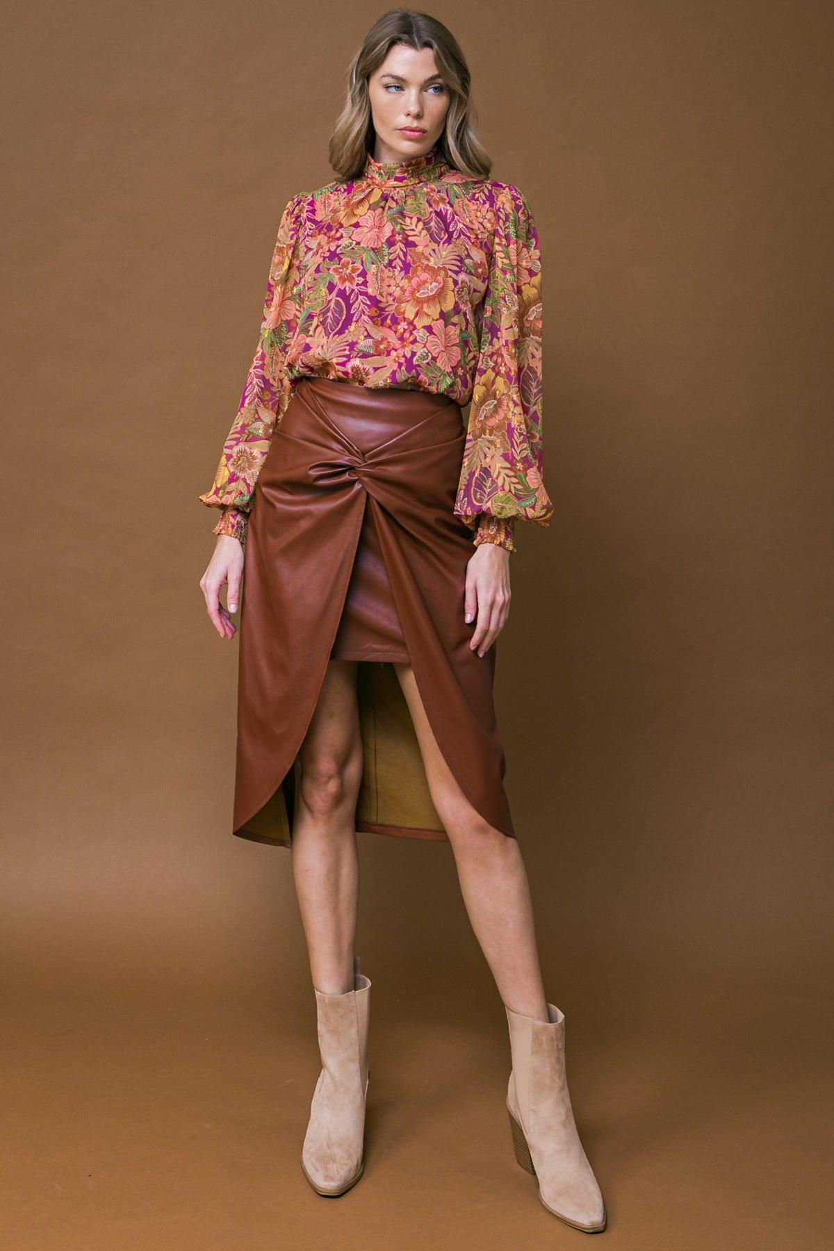 Choose Us Faux Leather Midi Skirt With Twist Front And Back Zipper