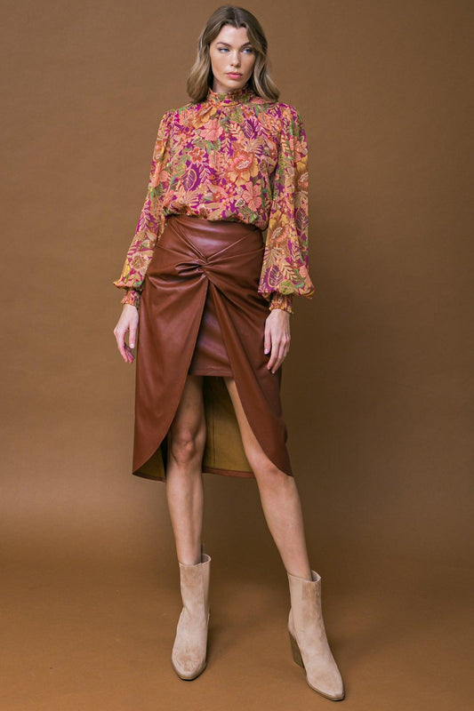 Choose Us Faux Leather Midi Skirt With Twist Front And Back Zipper