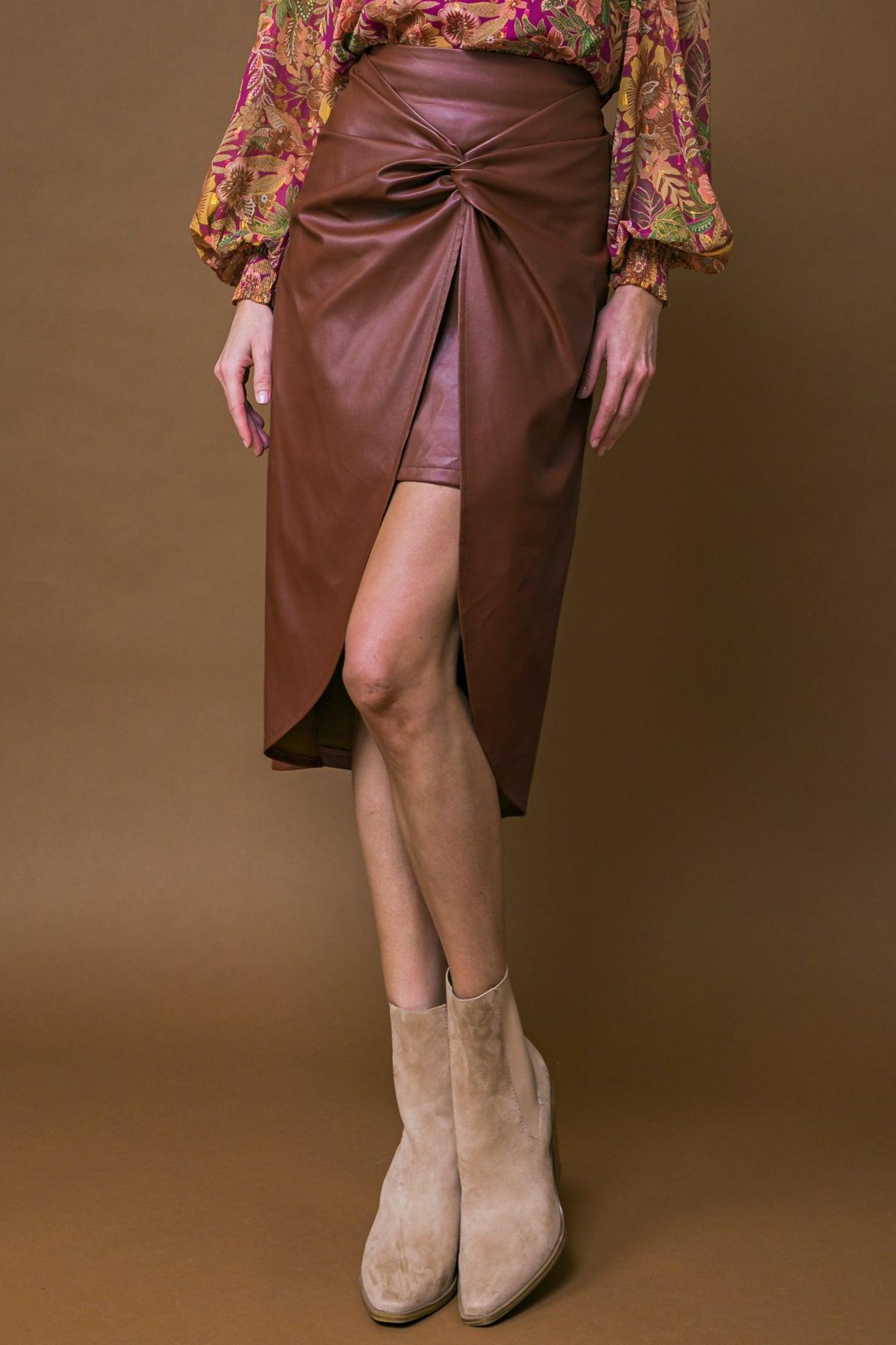 Choose Us Faux Leather Midi Skirt With Twist Front And Back Zipper