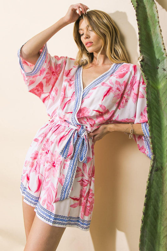Normandy Shores Woven Romper Surplice Neckline Self Tie