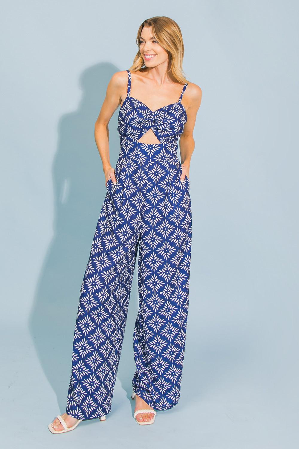 Printed Woven Jumpsuit With Cami Top Front Twist Cutout And Wide Leg