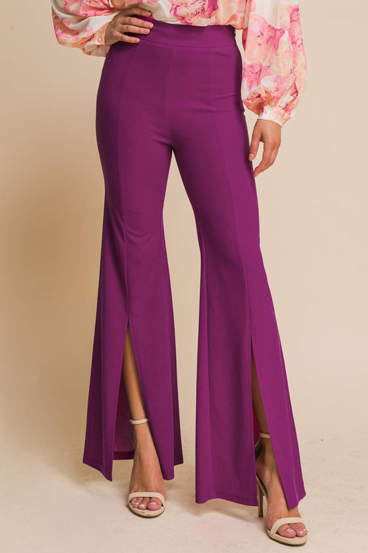 Hey Darling Woven Flare Pants With Center Seam And Slit Bottom