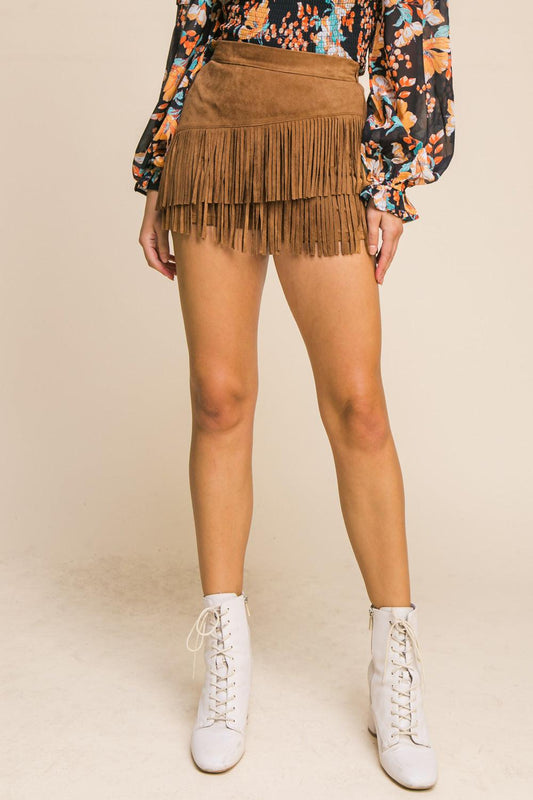 Make Some Plans Faux Suede Skort With Double Fringed Hem And Side Zip