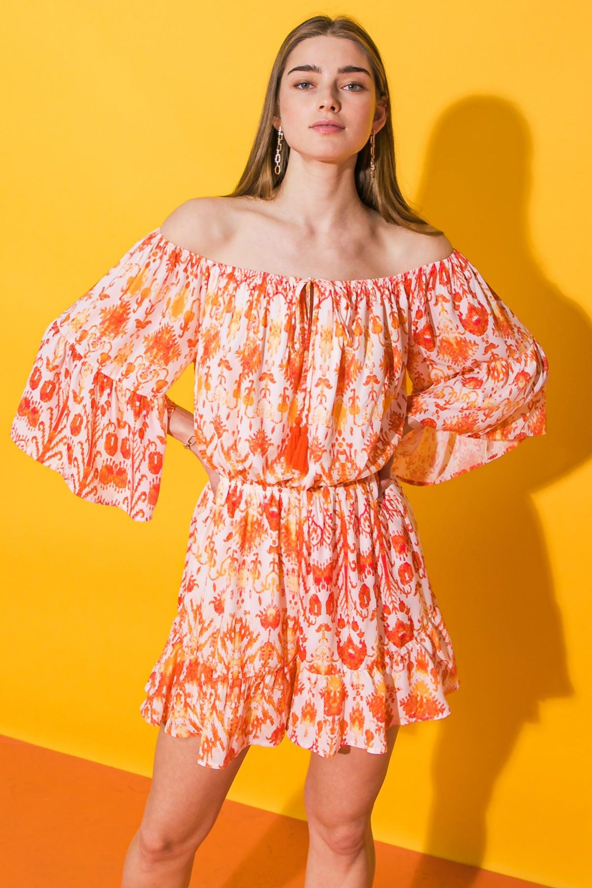 City Rendezvous Woven Romper Off Shoulder With Front Tie Ruffled Hem
