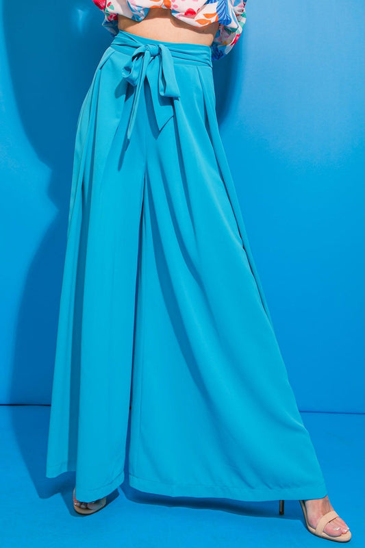 Rumor Going Around Woven Pants Pleated Front Self Tie Waist Wide Leg Side Zipper