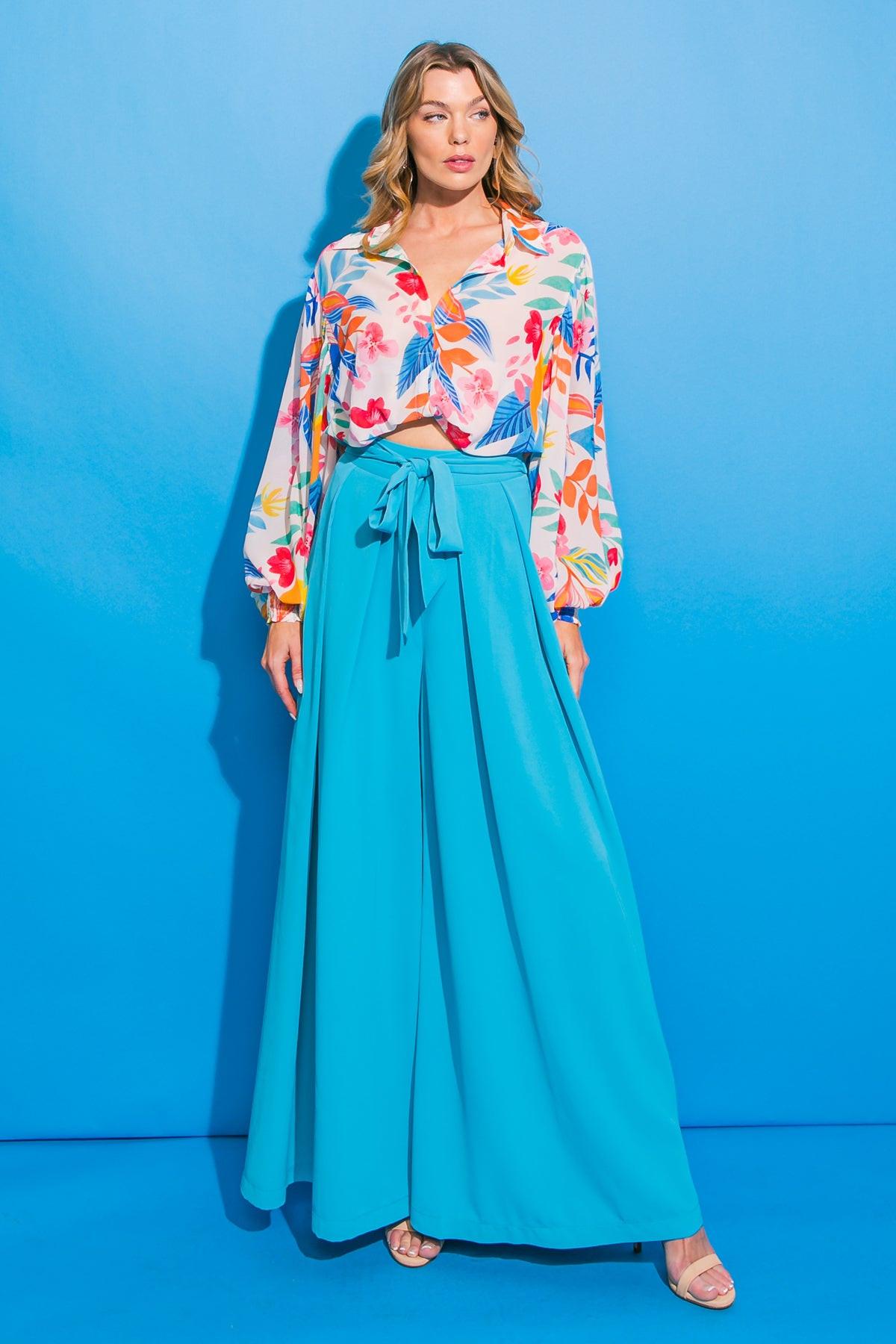 Rumor Going Around Woven Pants Pleated Front Self Tie Waist Wide Leg Side Zipper