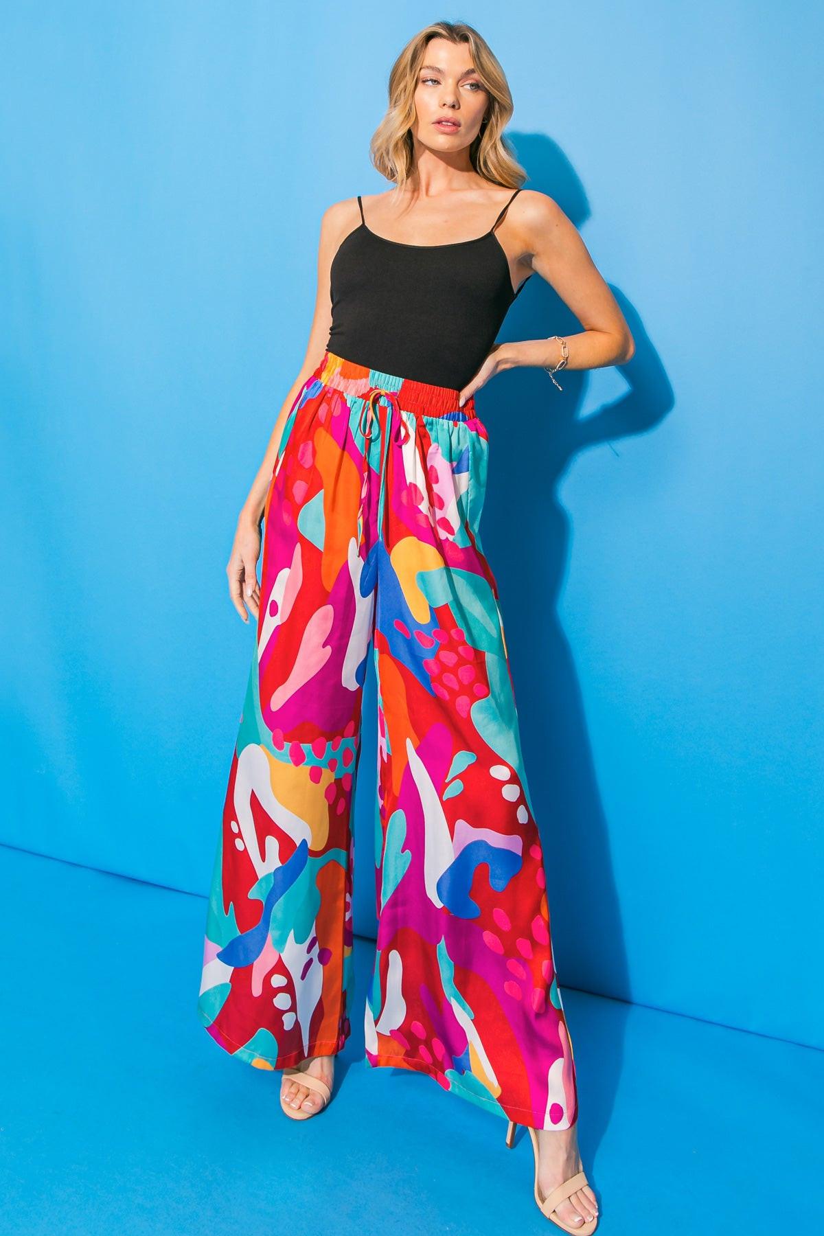 Cancun Getaway Satin Pants With Elastic Waist And Wide Leg Silhouette