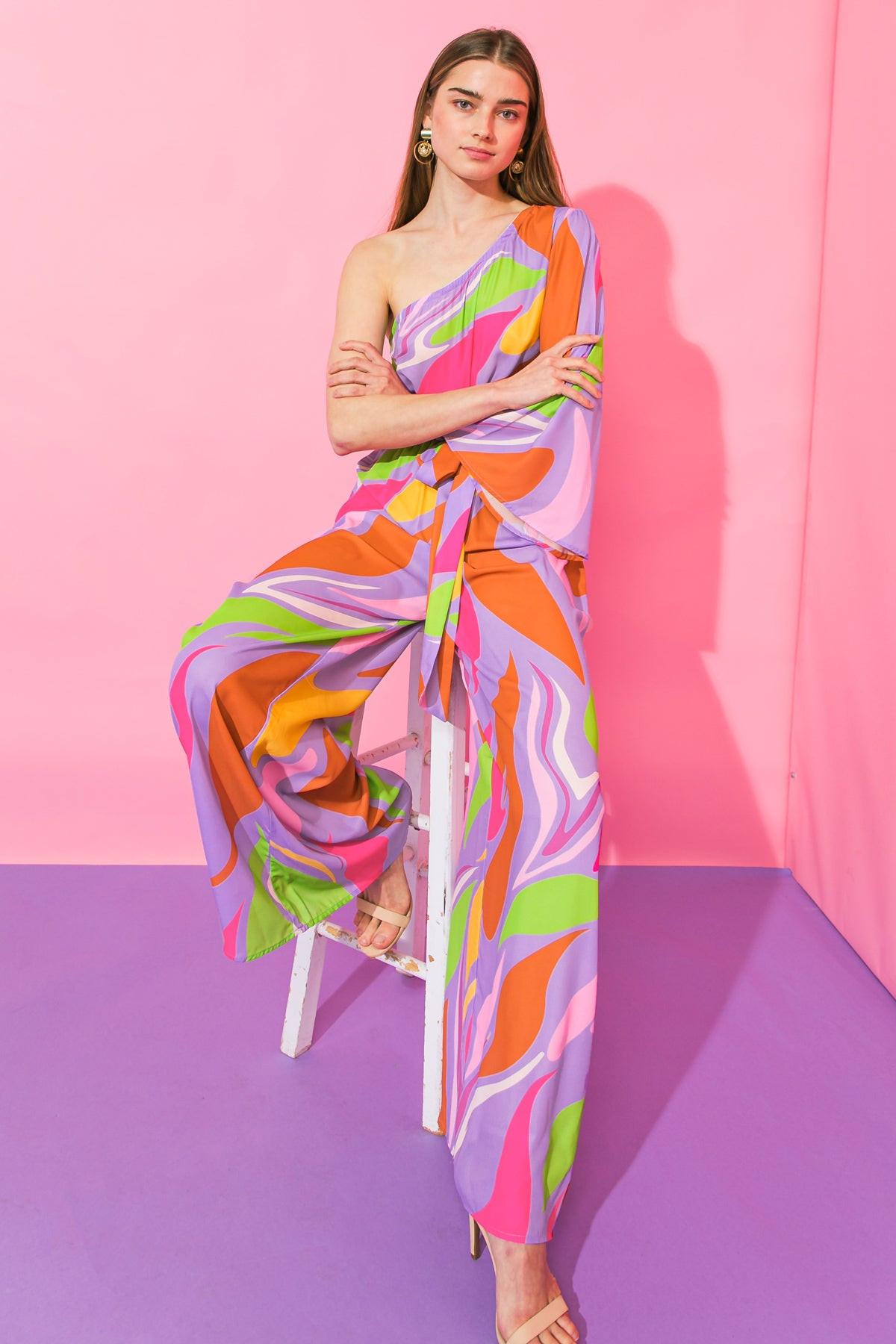 Harmony Woven Jumpsuit One Shoulder Printed Lightweight Self Tie Belt