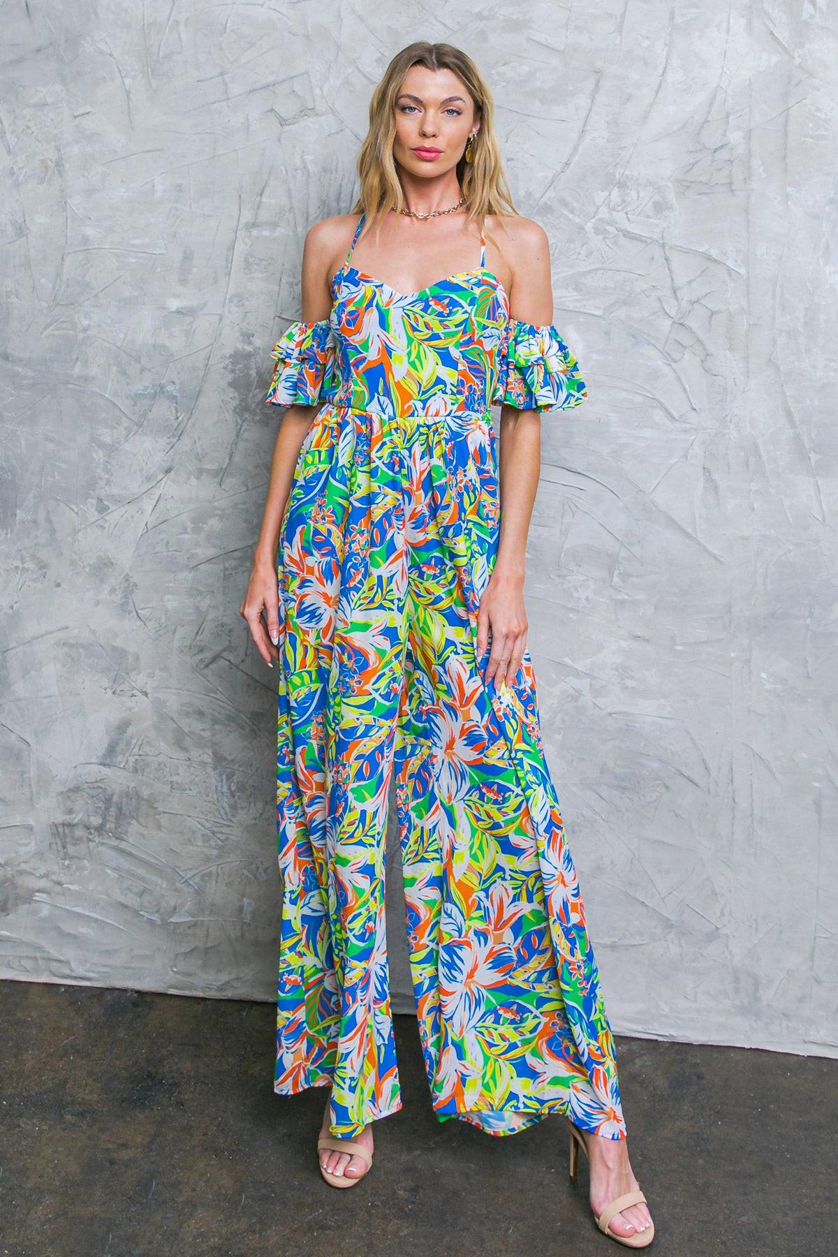 Unseen Beauty Floral Woven Jumpsuit With Cold Shoulder And Sweetheart Neckline