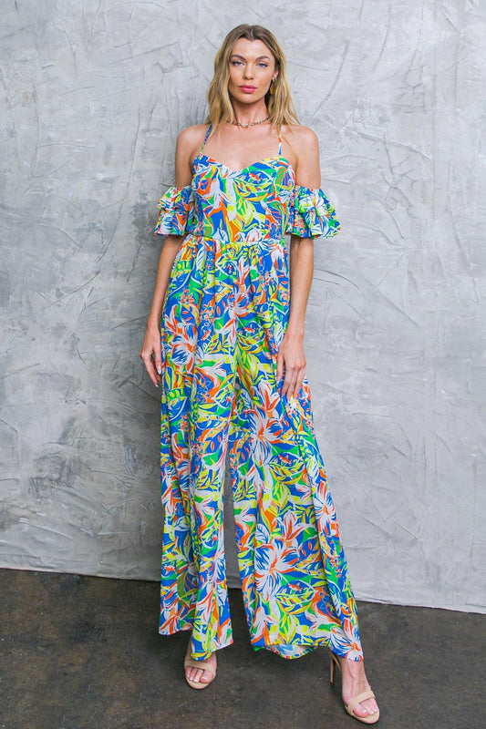 Unseen Beauty Floral Woven Jumpsuit With Cold Shoulder And Sweetheart Neckline
