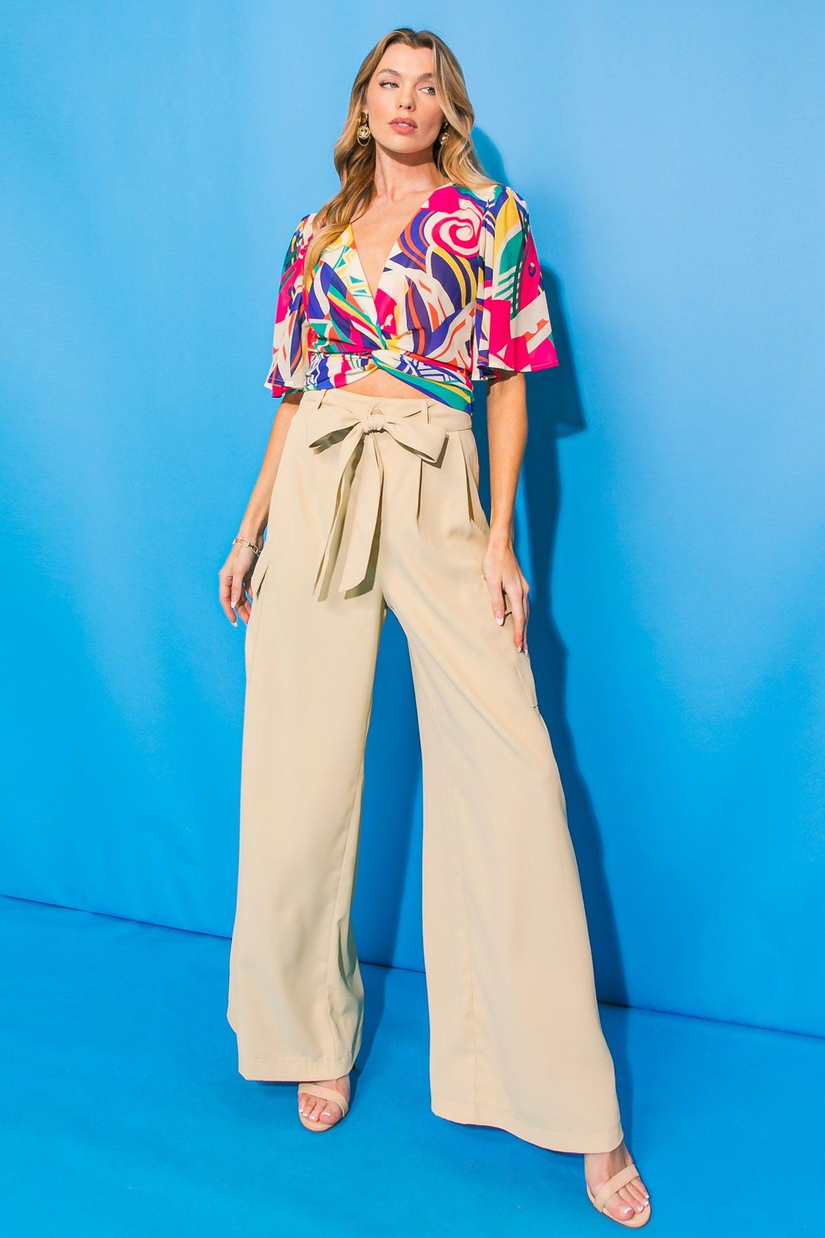 A Good Woman Woven Pants With Front Closure Self Sash Belt And Cargo Pockets