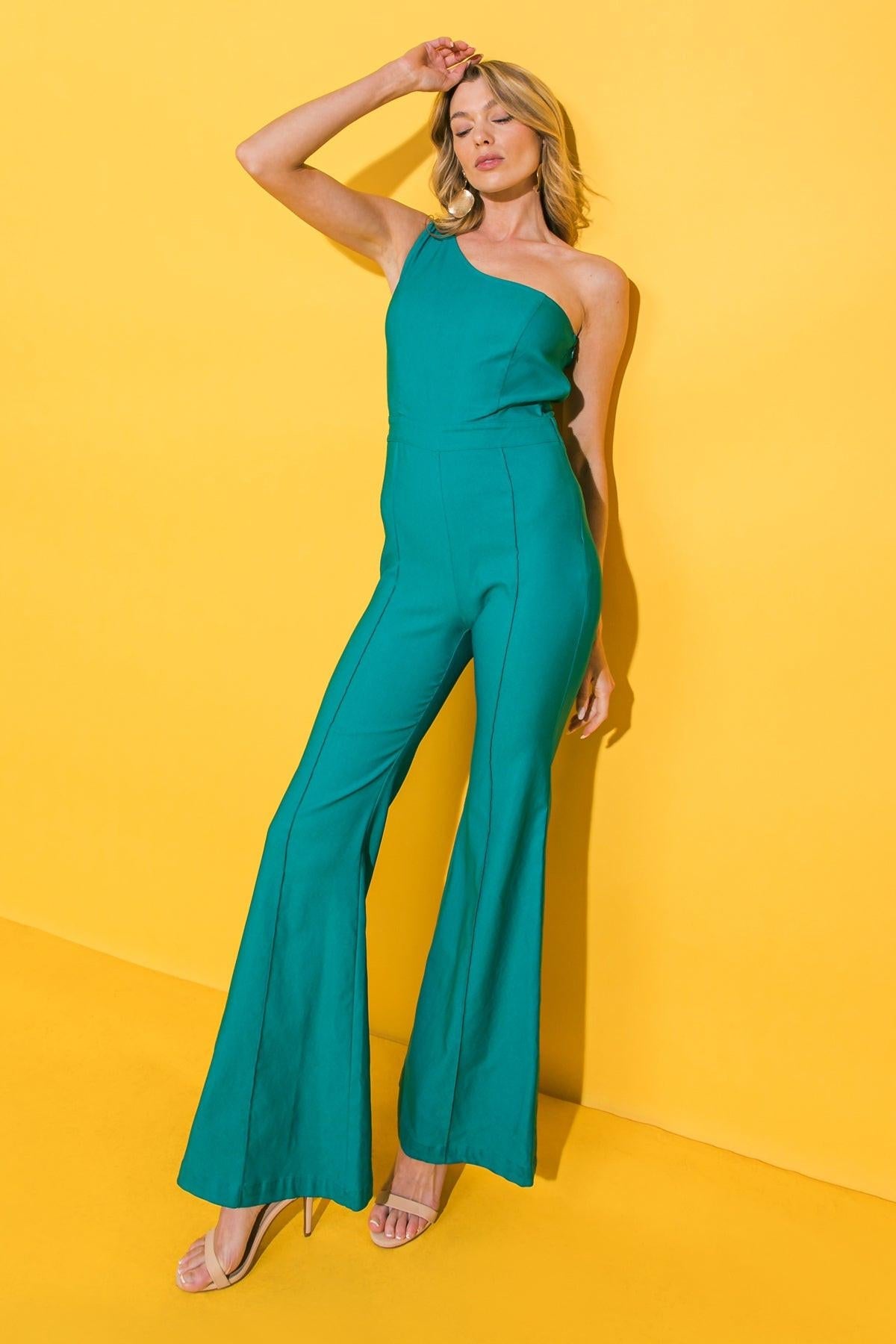 Vivid Passion Solid Jumpsuit One Shoulder With Front Seams And Flare Bottom