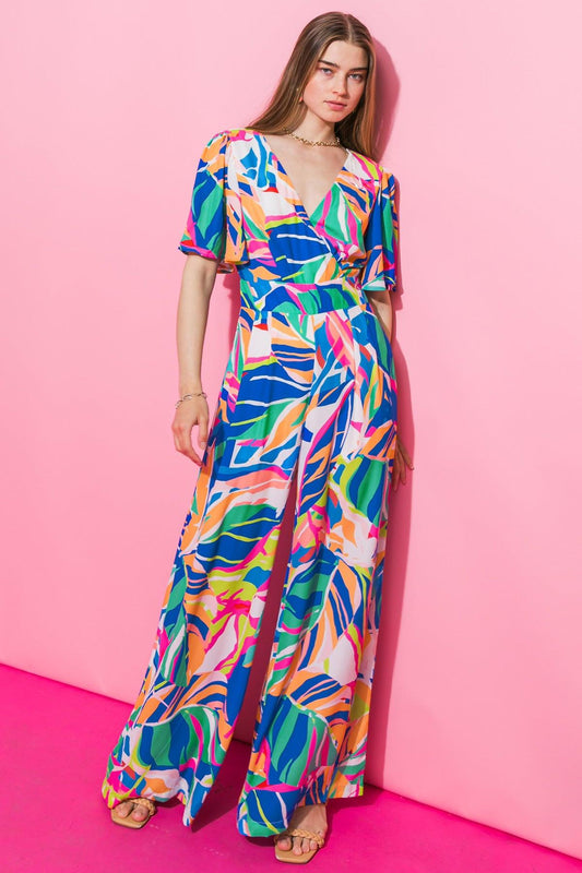 Whitewater Bay Printed Woven Jumpsuit With Surplice Neckline And Flutter Sleeves