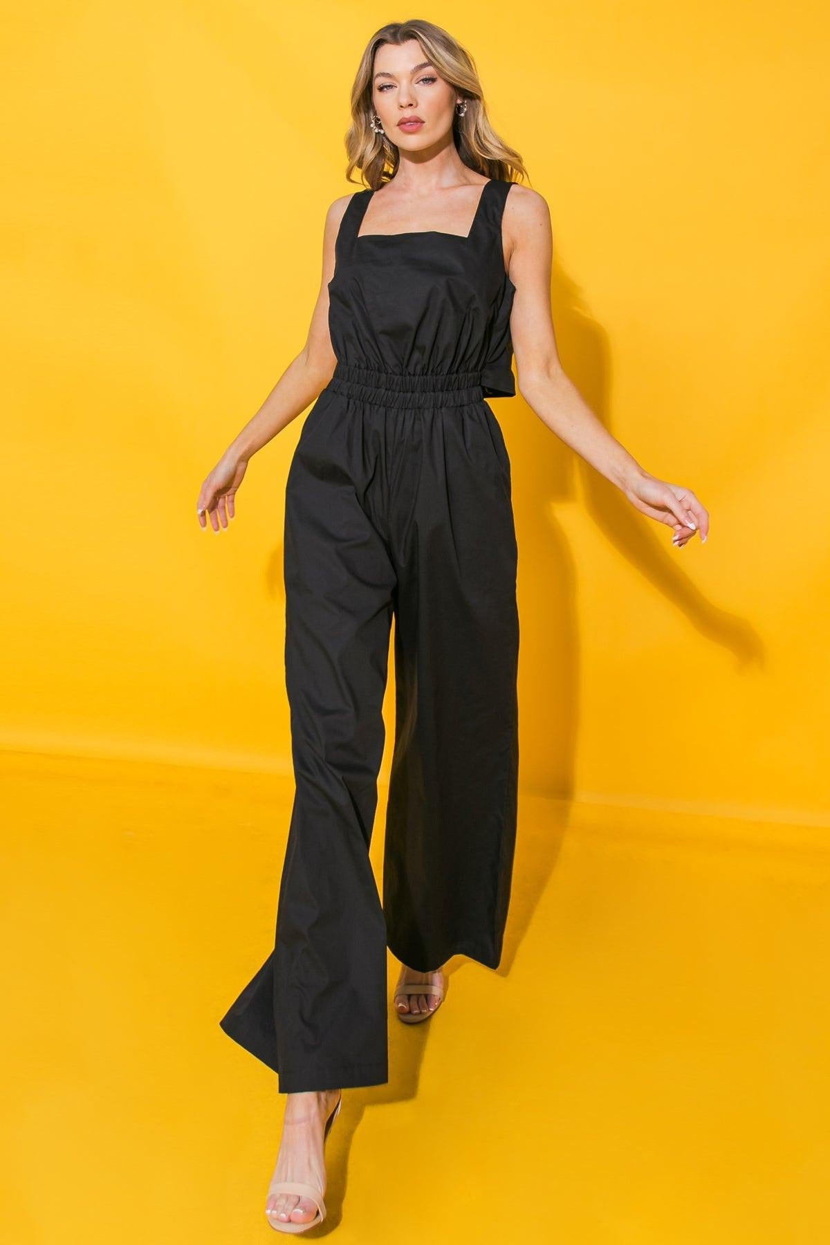 Life With You Poplin Jumpsuit Sleeveless Square Neck Wide Leg Cotton
