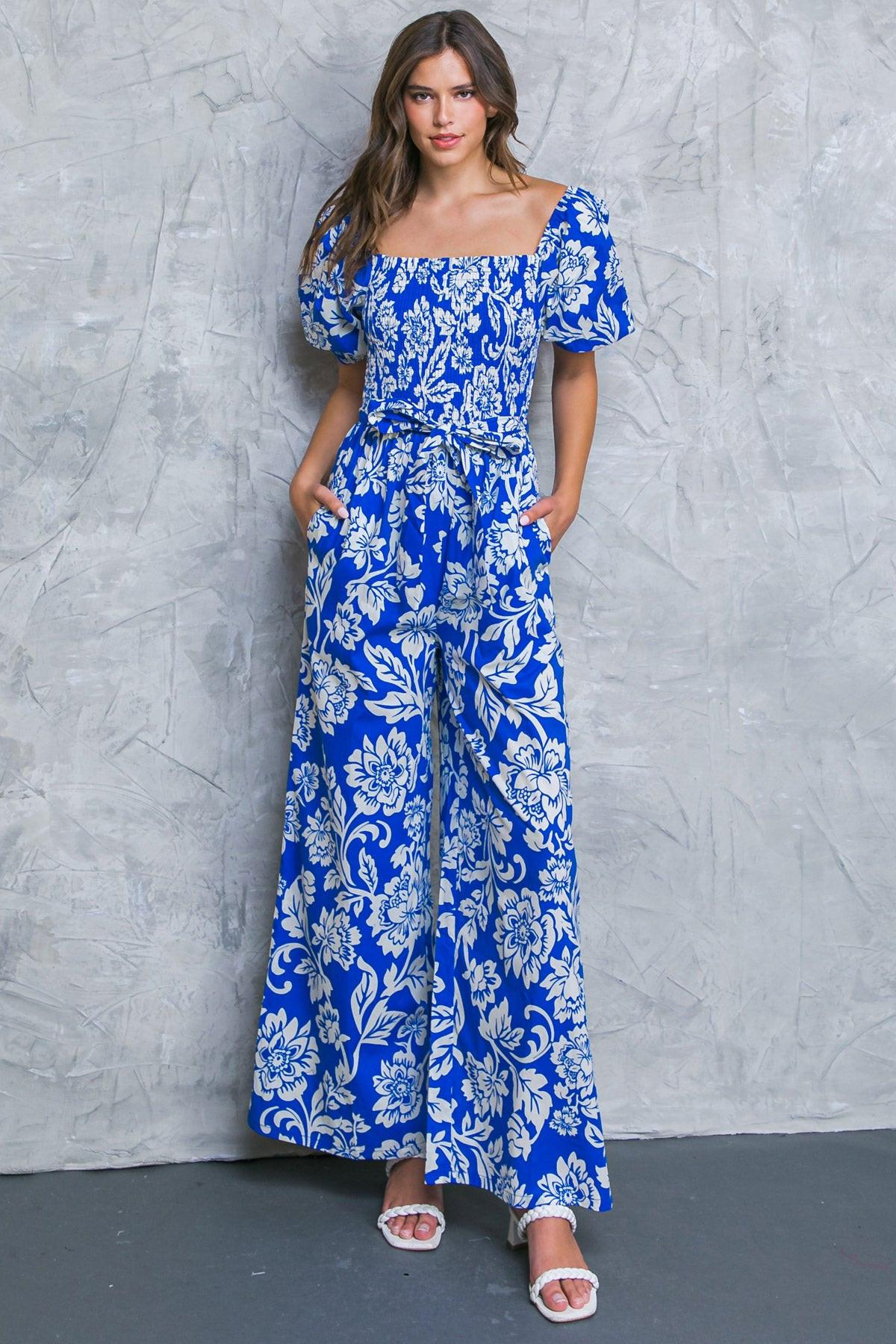 Someone You Loved Woven Jumpsuit With Smocked Bodice Wide Leg And Self Tie