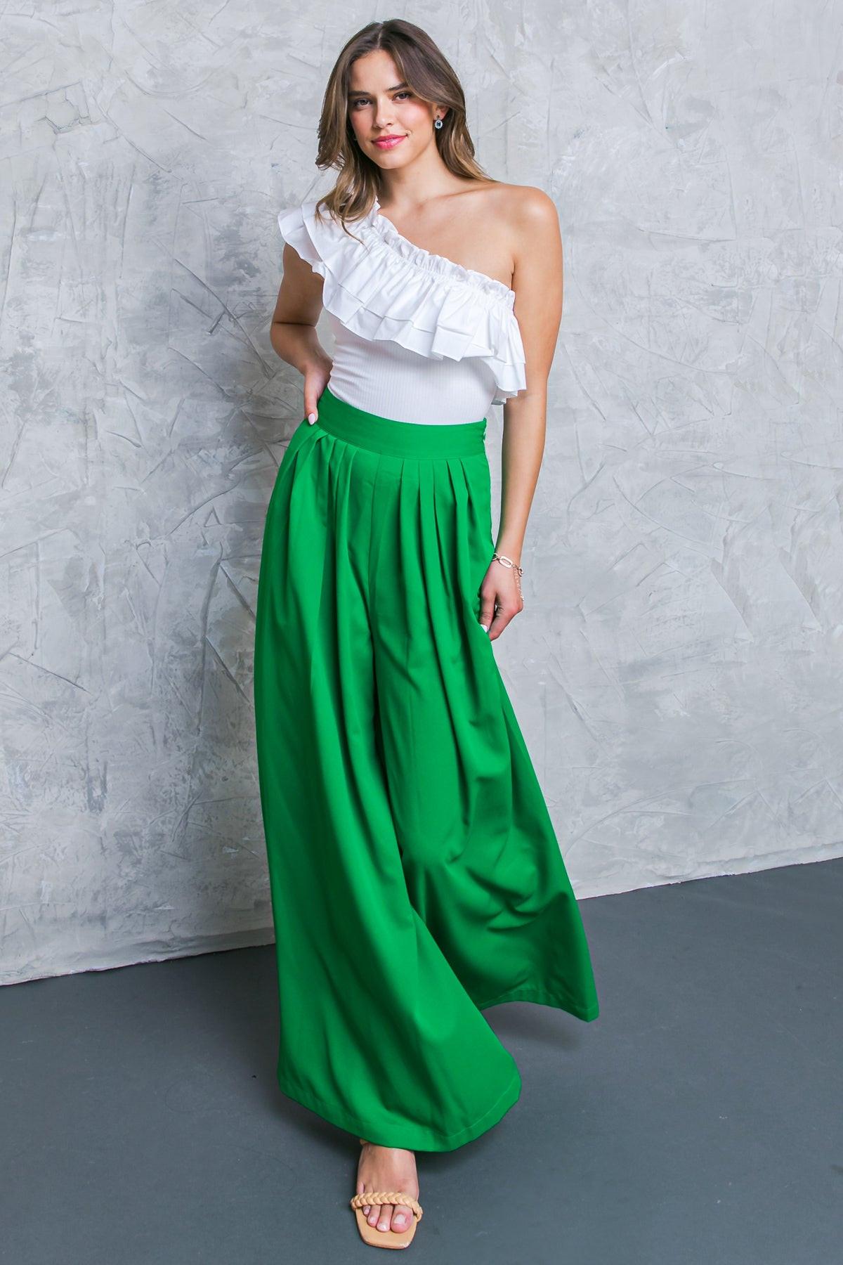 At The Wishing Well Woven Pants With Pleated Front Side Zipper And Wide Leg