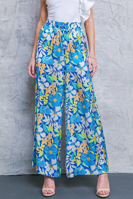 Cruising Through Satin Printed Wide Leg Pants With Tie Waist
