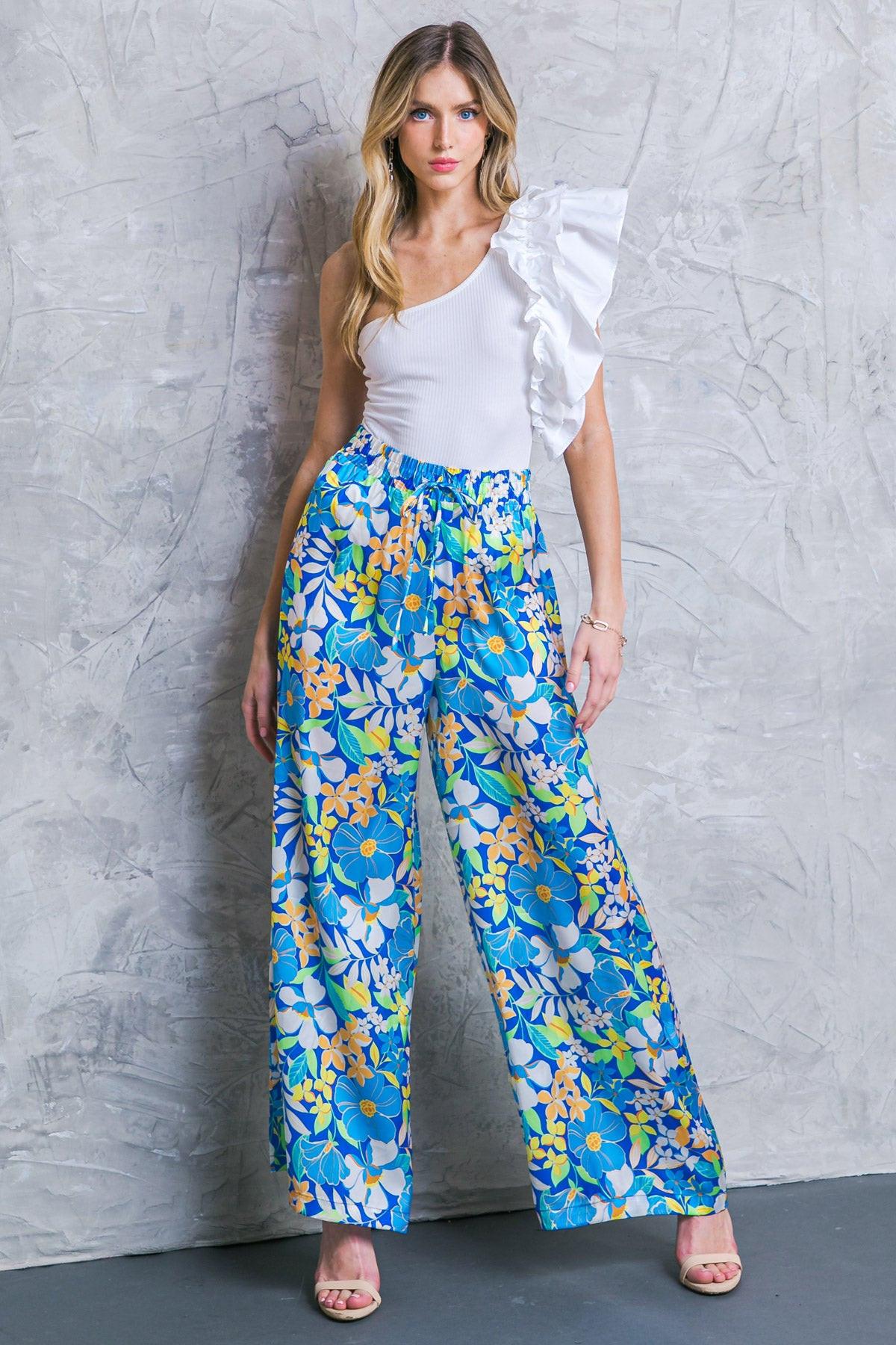 Cruising Through Satin Printed Wide Leg Pants With Tie Waist