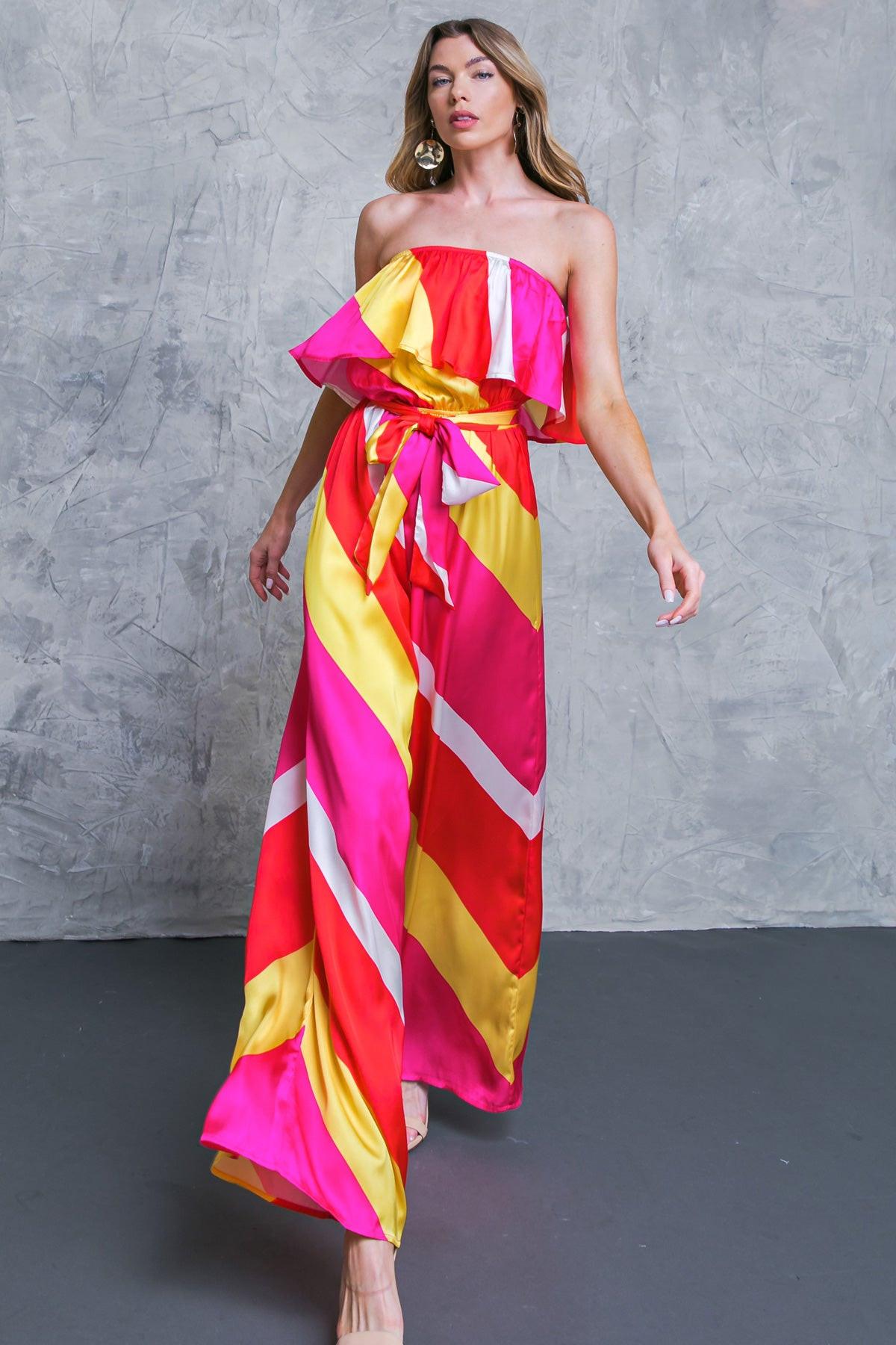 Broadwalk Dream Woven Jumpsuit With Flounce Neckline And Wide Leg