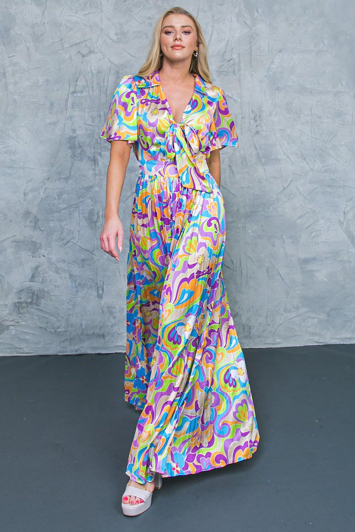 Secret Place Woven Jumpsuit With Shirt Collar V Neck And Pleated Wide Leg Pants