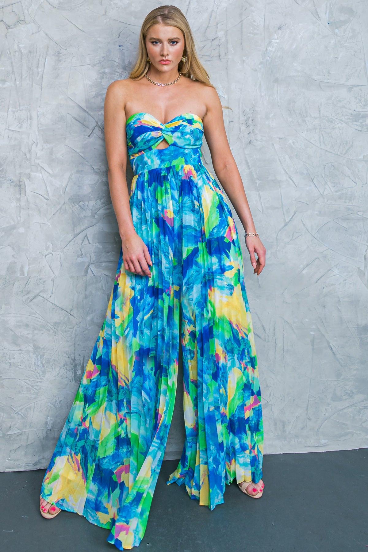 Today Is Your Day Printed Woven Jumpsuit With Twist Bodice And Pleated Wide Leg
