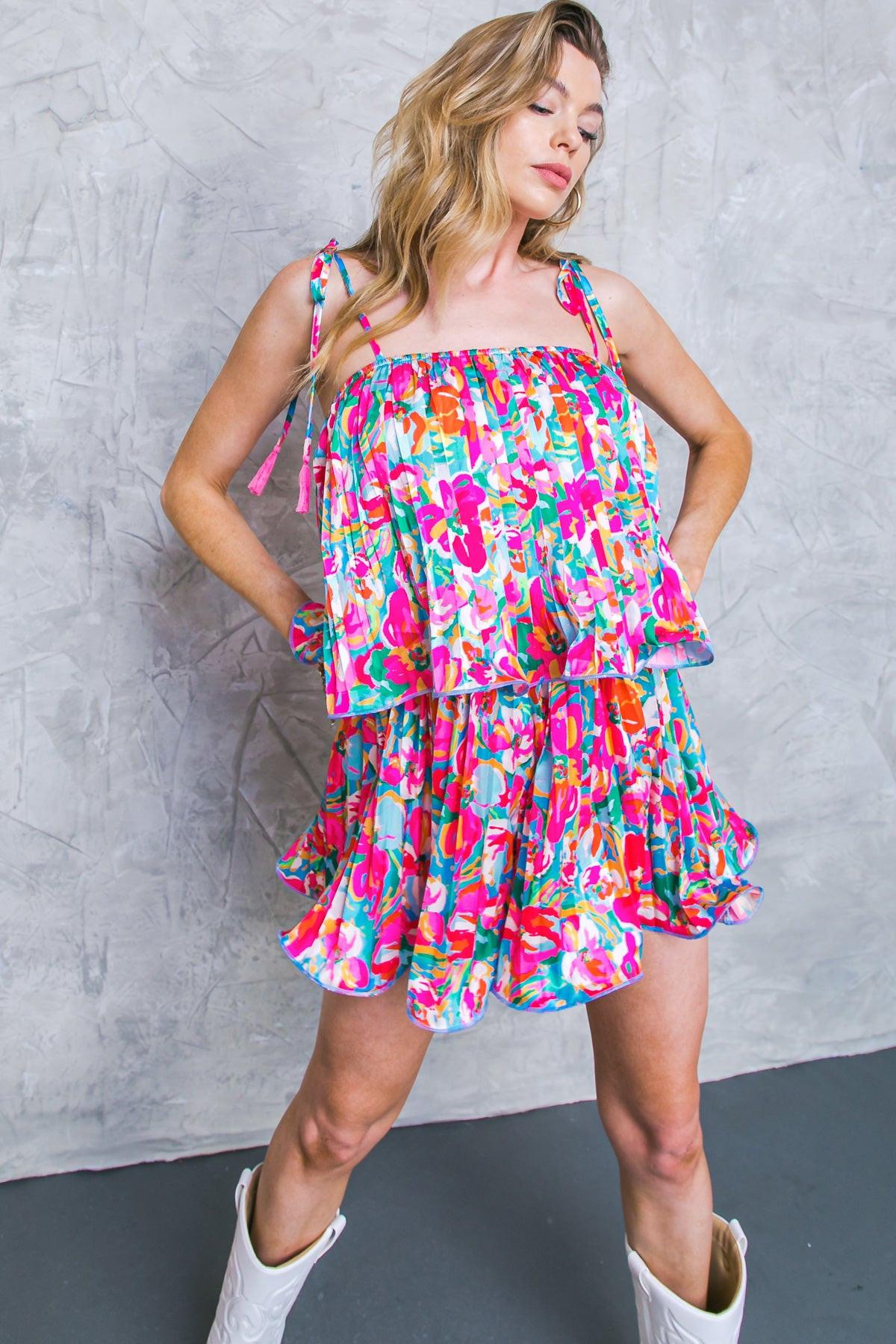 Put A Spin Woven Romper Pleated With Shoulder Ties Straight Neckline