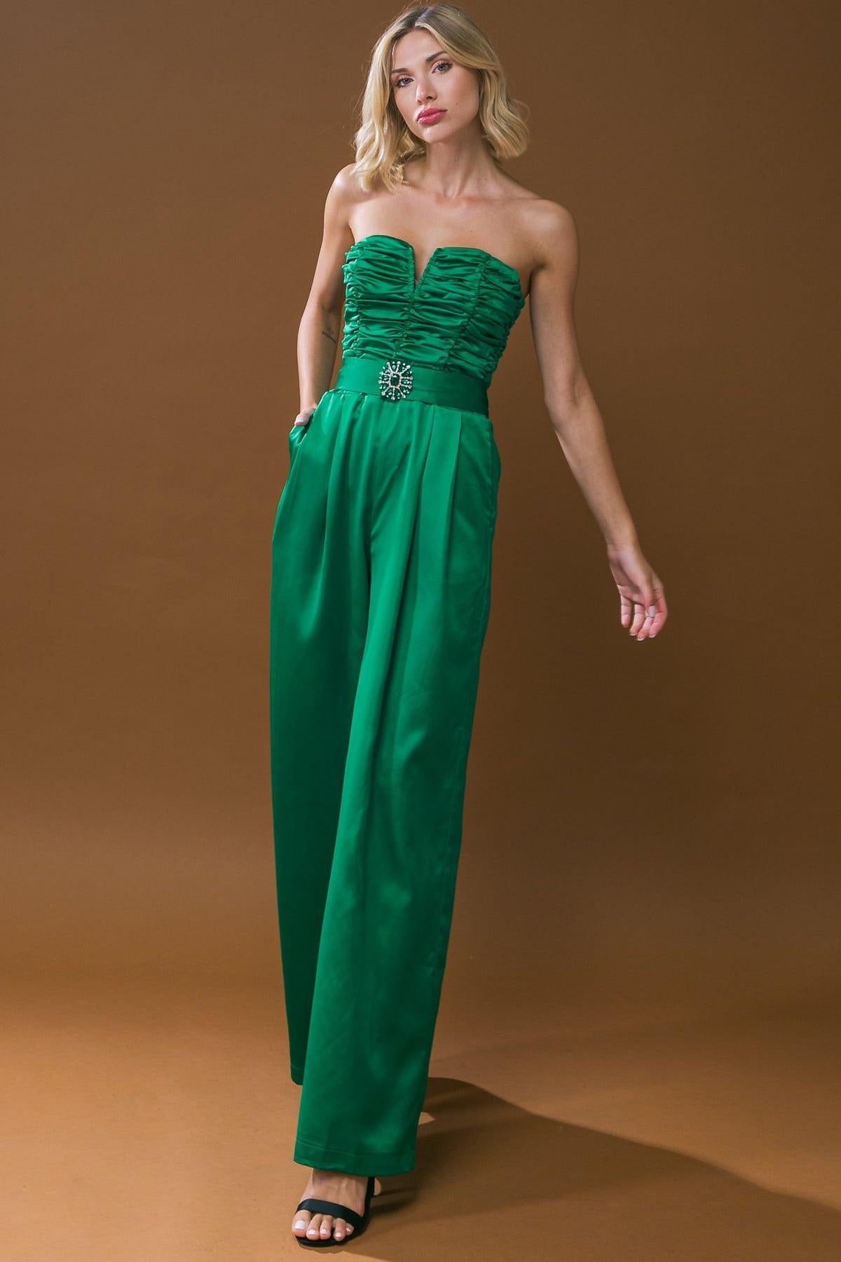 Lost In Your Eyes Woven Jumpsuit With Ruched Bodice And Side Pocket