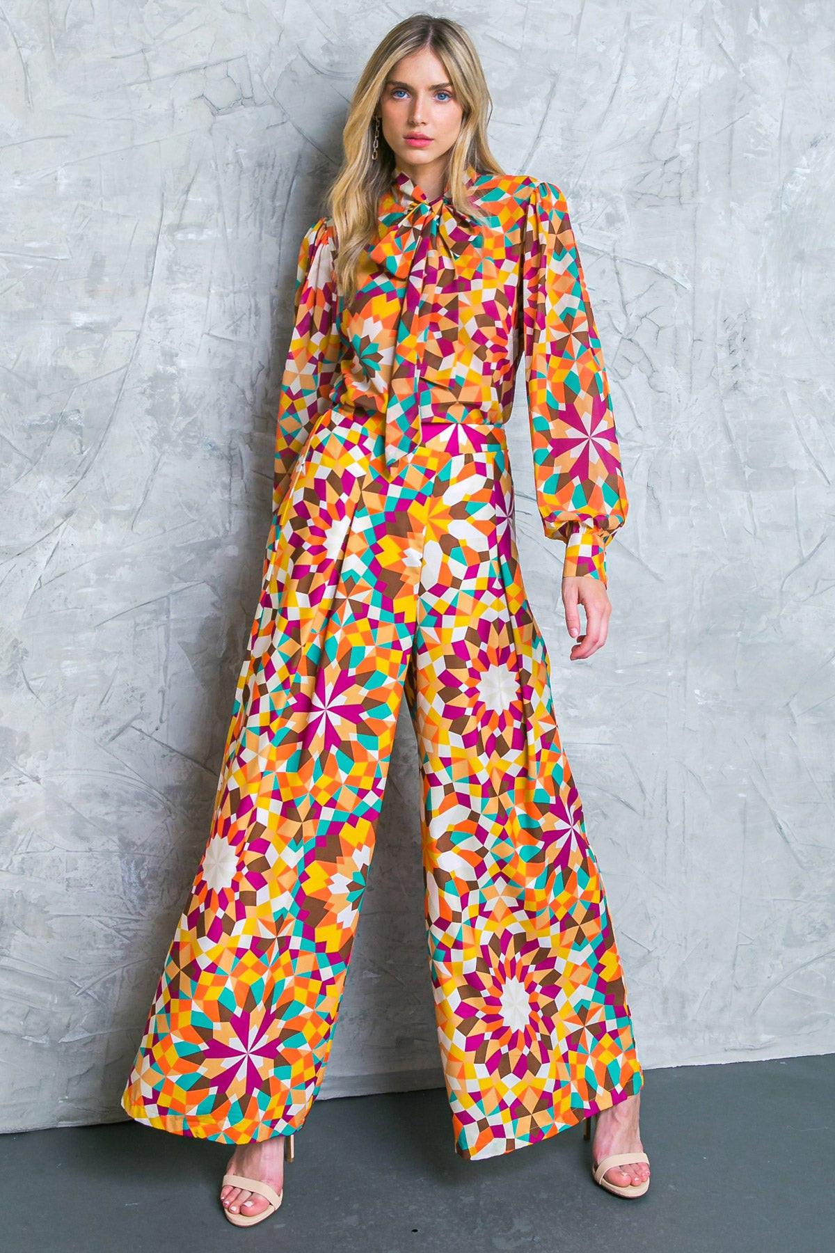 Alright With Me Woven Pants Printed Front Inverted Pleat Wide Leg Side Zip