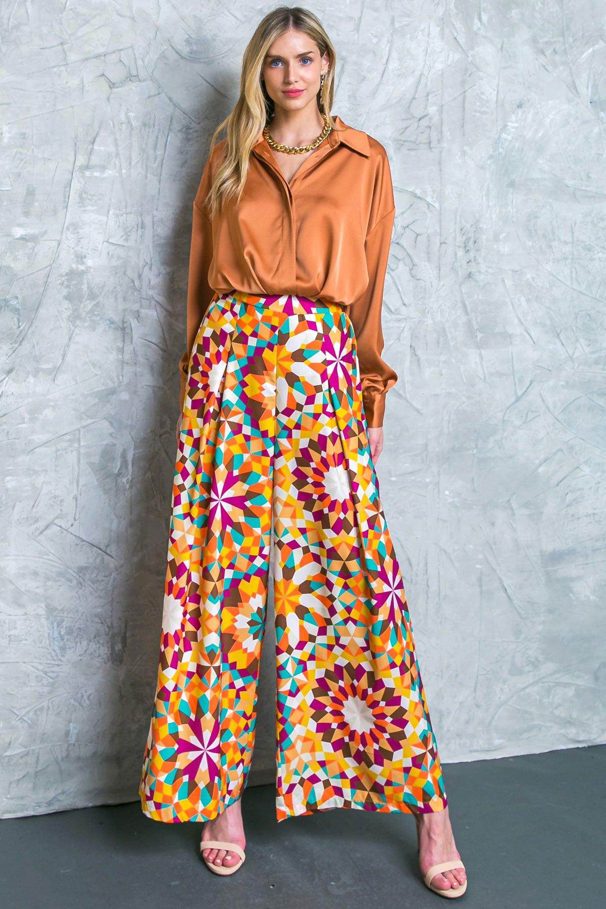 Alright With Me Woven Pants Printed Front Inverted Pleat Wide Leg Side Zip