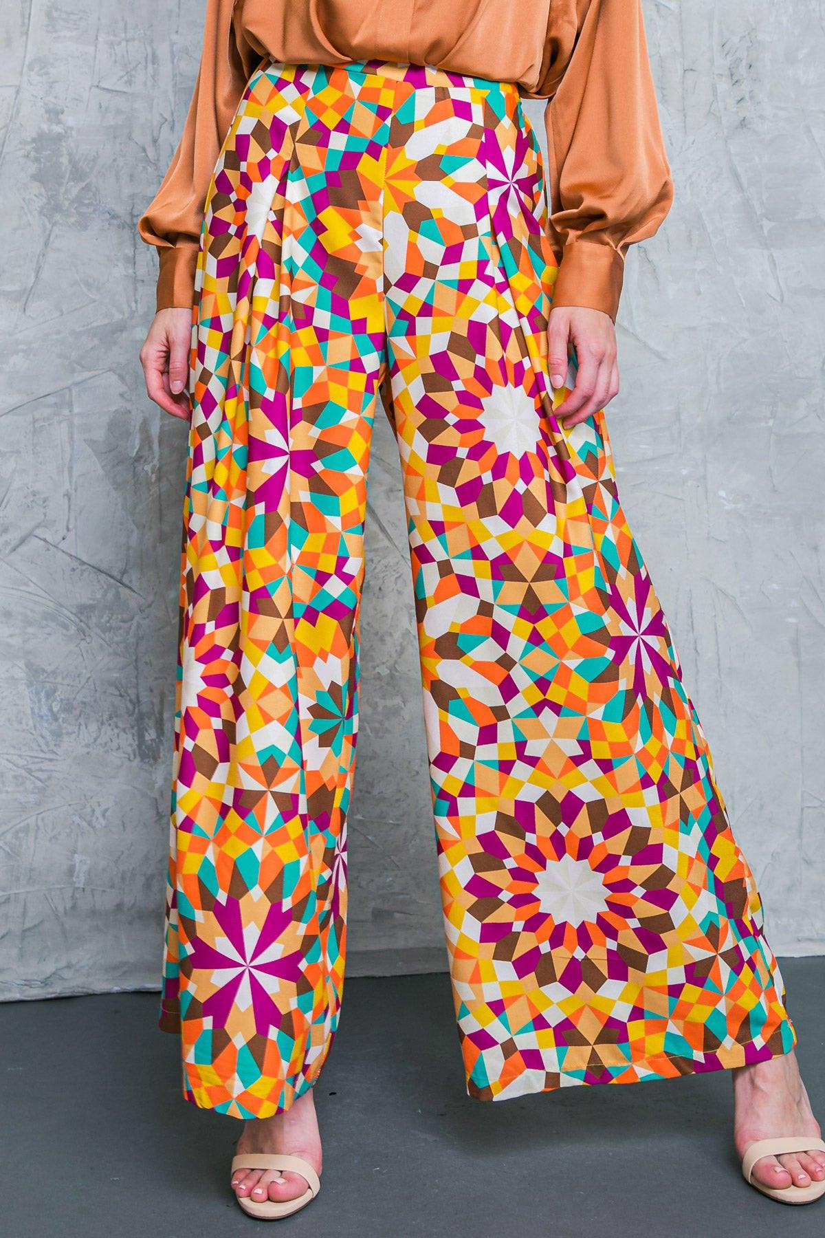 Alright With Me Woven Pants Printed Front Inverted Pleat Wide Leg Side Zip