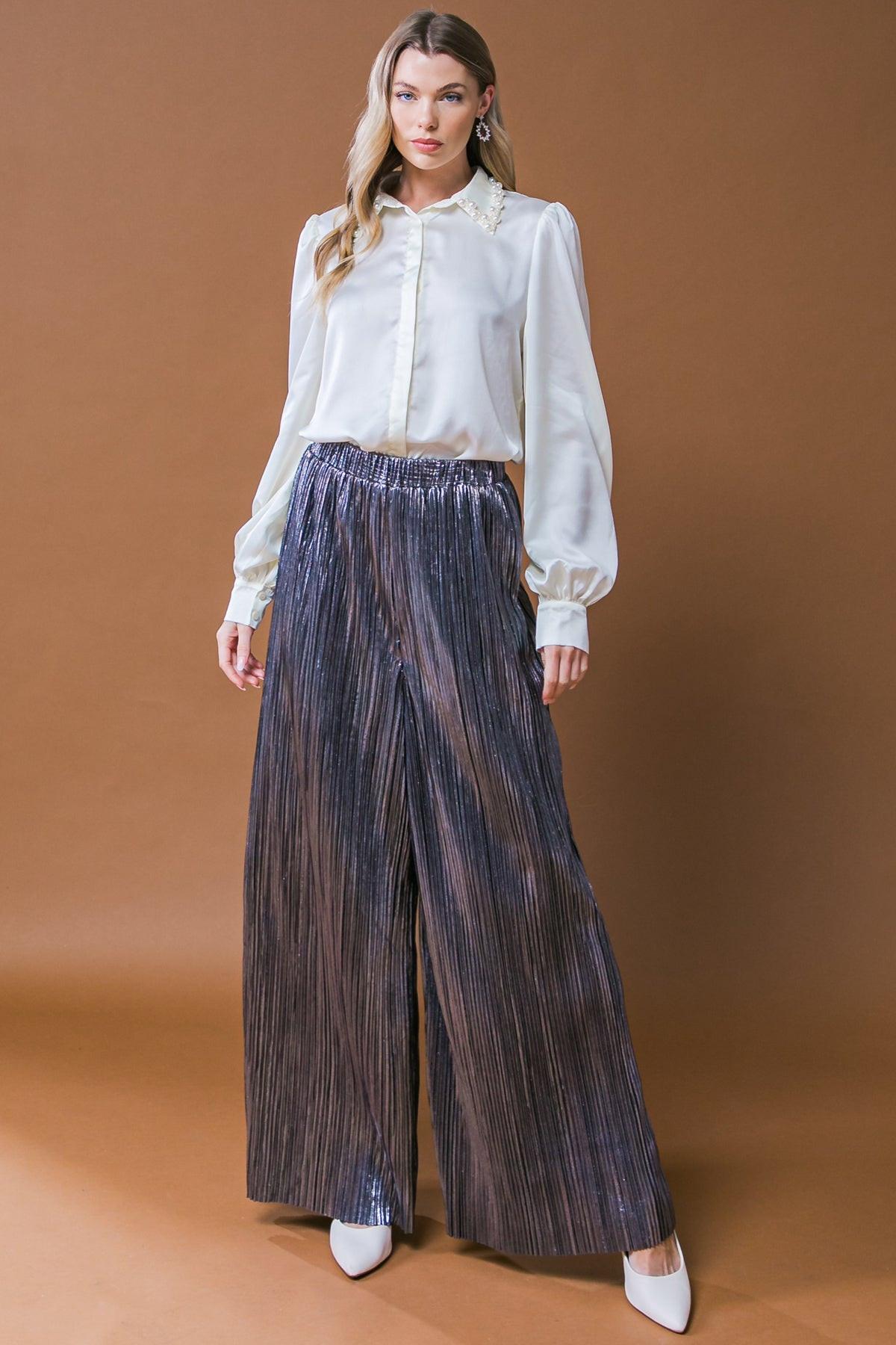 Porch Swing Kisses Woven Pants Wide Leg Pleated Elasticized Waistband