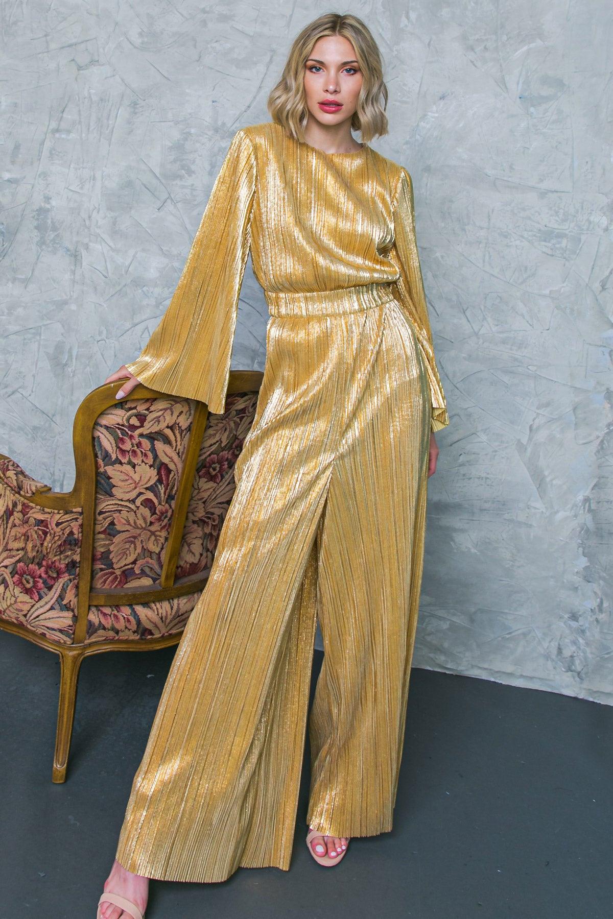 Dare To Dazzle Plisse Jumpsuit With Bell Sleeves Wide Legs