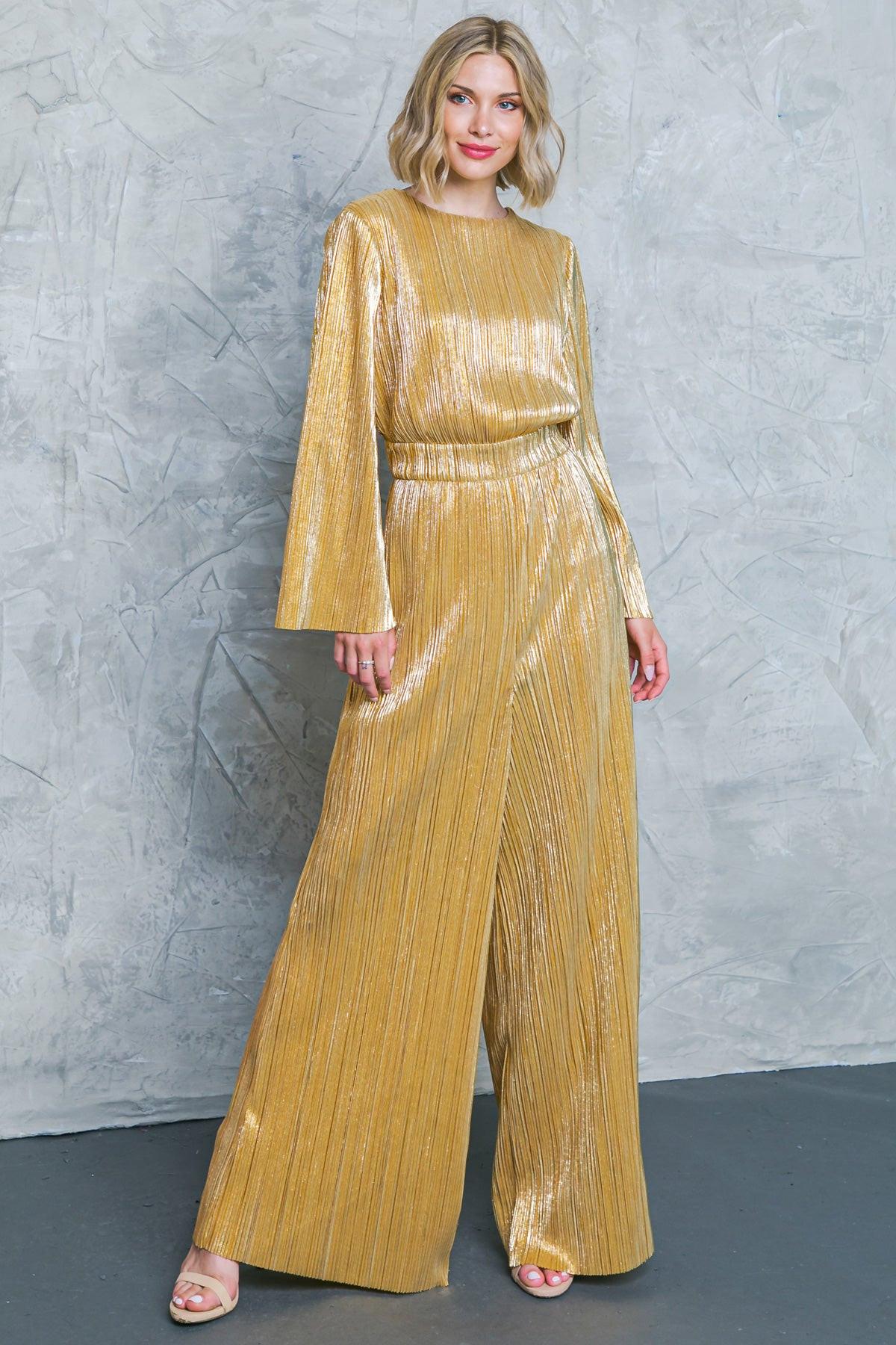 Dare To Dazzle Plisse Jumpsuit With Bell Sleeves Wide Legs