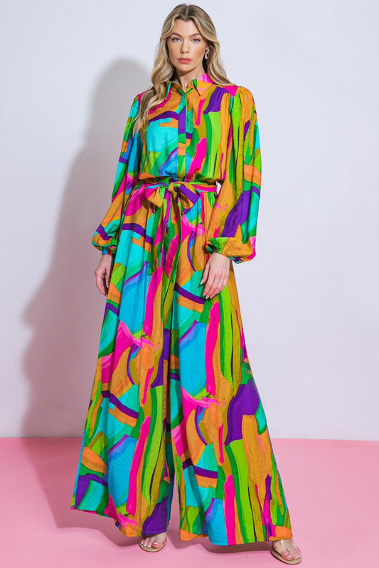 All My Heart Woven Jumpsuit With Shirt Collar Blouson Sleeves And Wide Leg
