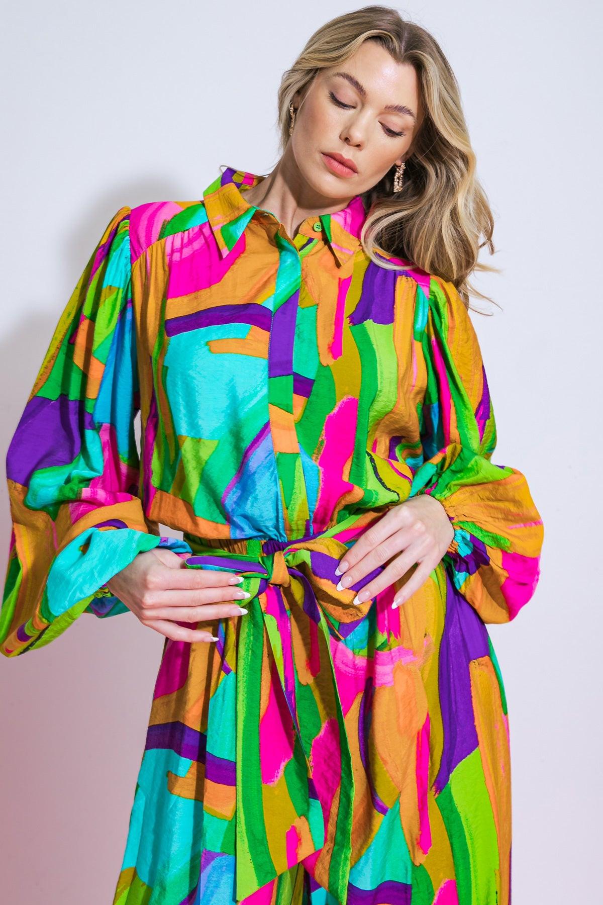 All My Heart Woven Jumpsuit With Shirt Collar Blouson Sleeves And Wide Leg
