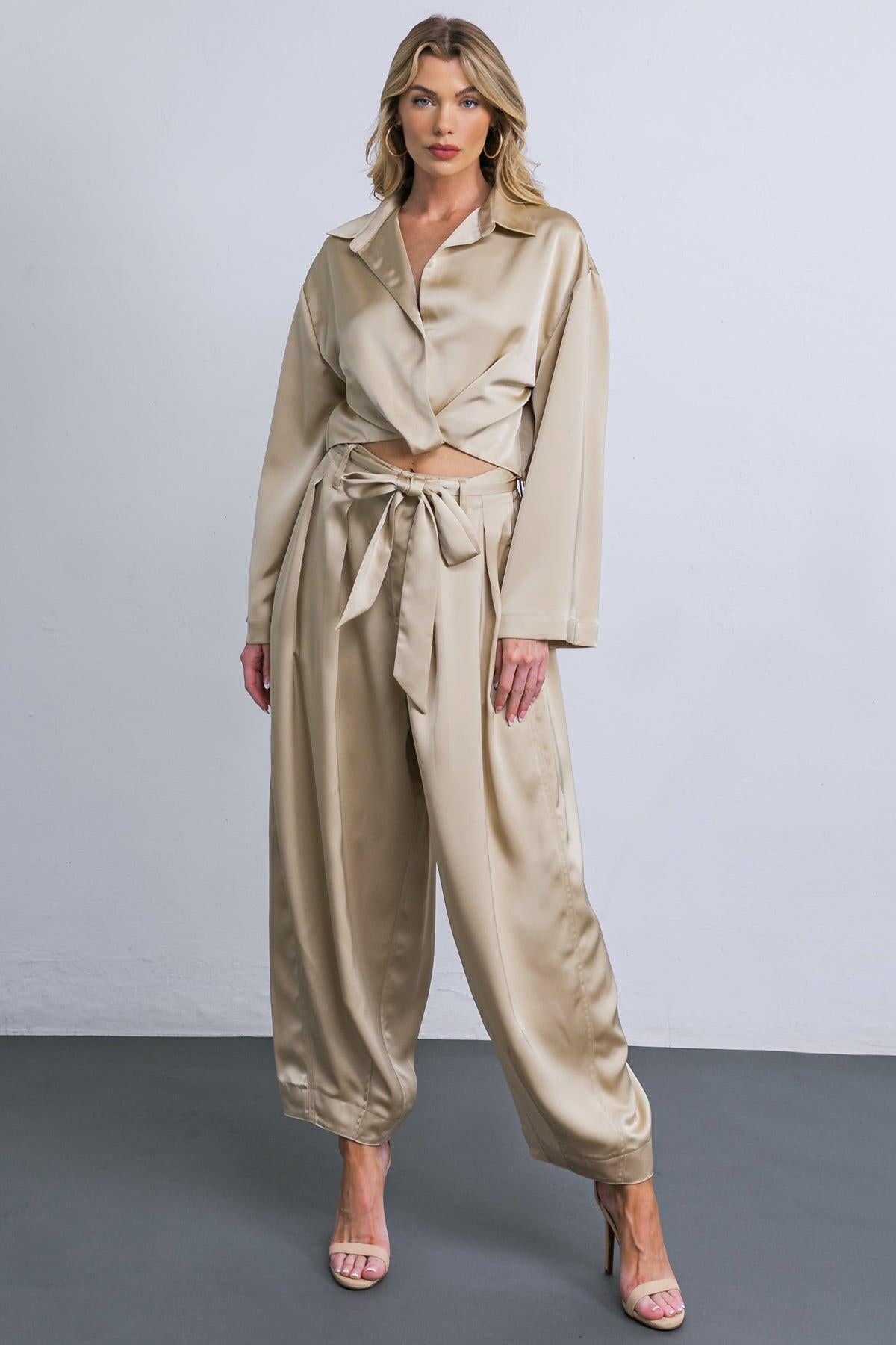 Powerful Charm Woven Satin Pants With Front Pleats Front Closure Sash Tie