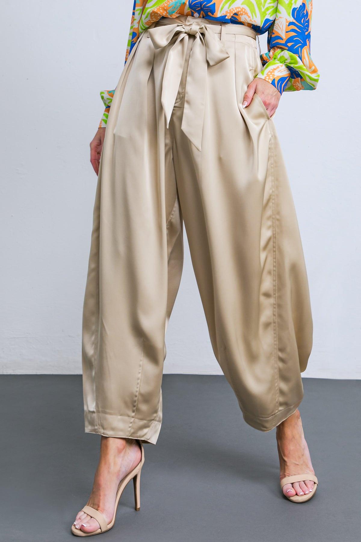 Powerful Charm Woven Satin Pants With Front Pleats Front Closure Sash Tie
