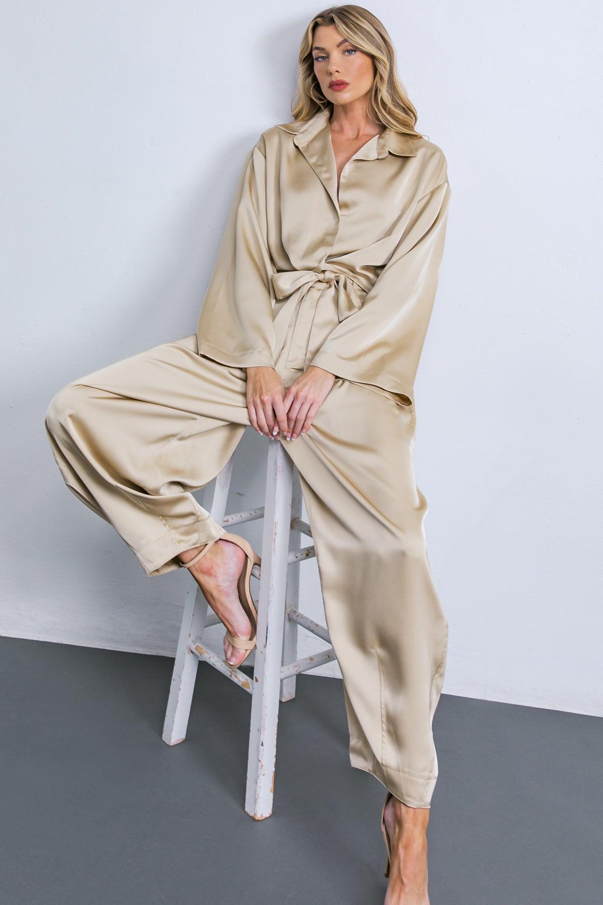 Powerful Charm Woven Satin Pants With Front Pleats Front Closure Sash Tie