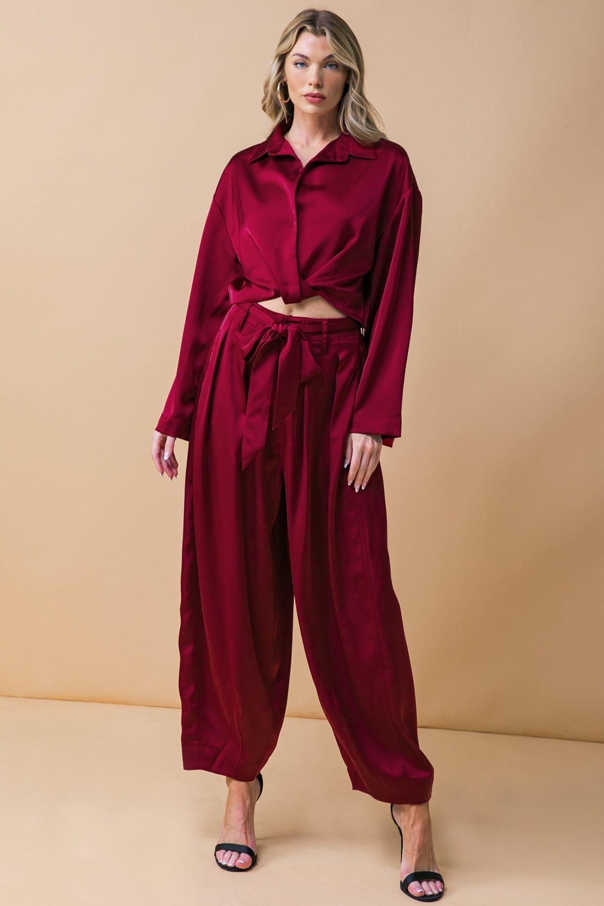 Powerful Charm Woven Satin Pants With Front Pleats Front Closure Sash Tie