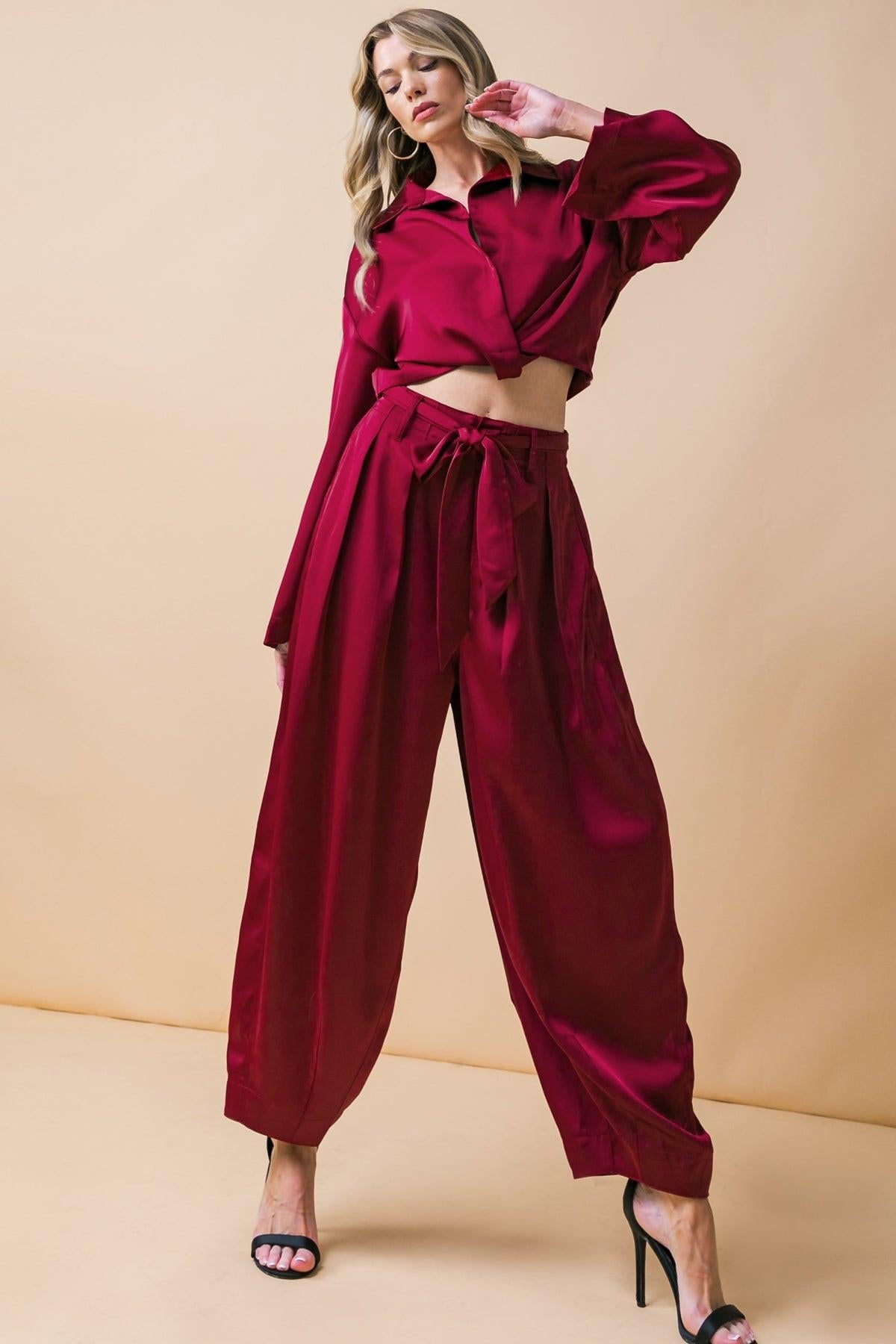 Powerful Charm Woven Satin Pants With Front Pleats Front Closure Sash Tie