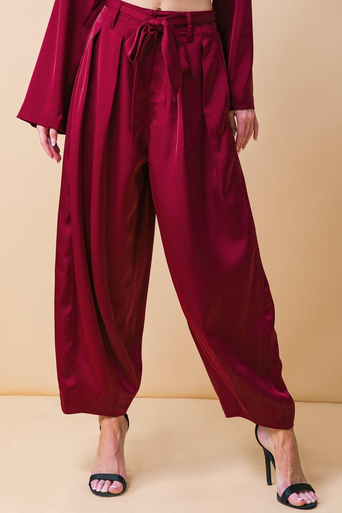 Powerful Charm Woven Satin Pants With Front Pleats Front Closure Sash Tie
