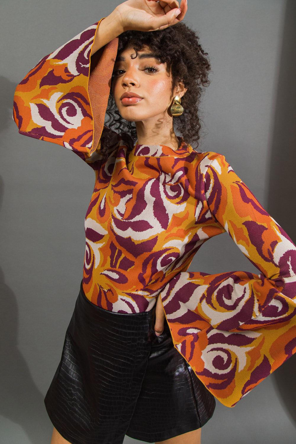 Her Favorite Features Jacquard Knit Sweater Top Bell Sleeve Contour Fit