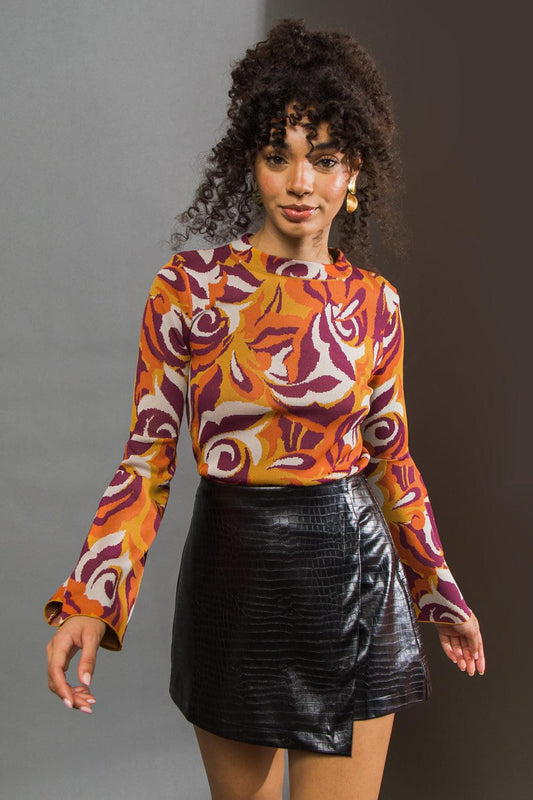 Her Favorite Features Jacquard Knit Sweater Top Bell Sleeve Contour Fit