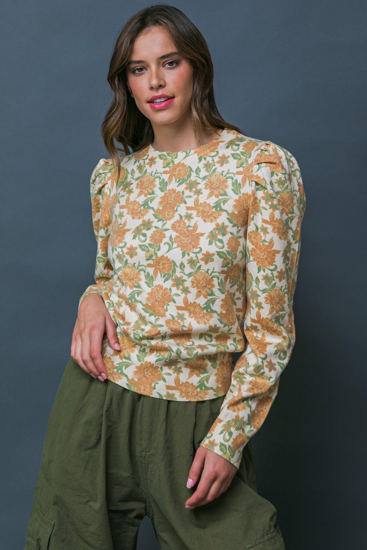 Officially Impressive Sweater Top With Printed Design And Long Puff Sleeves