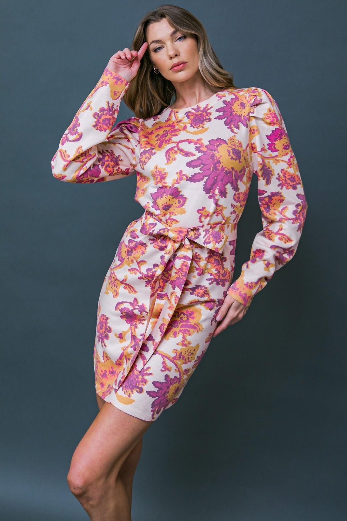 Enjoy The View Sunset Sweater Mini Dress Printed Knit With Long Puff Sleeves