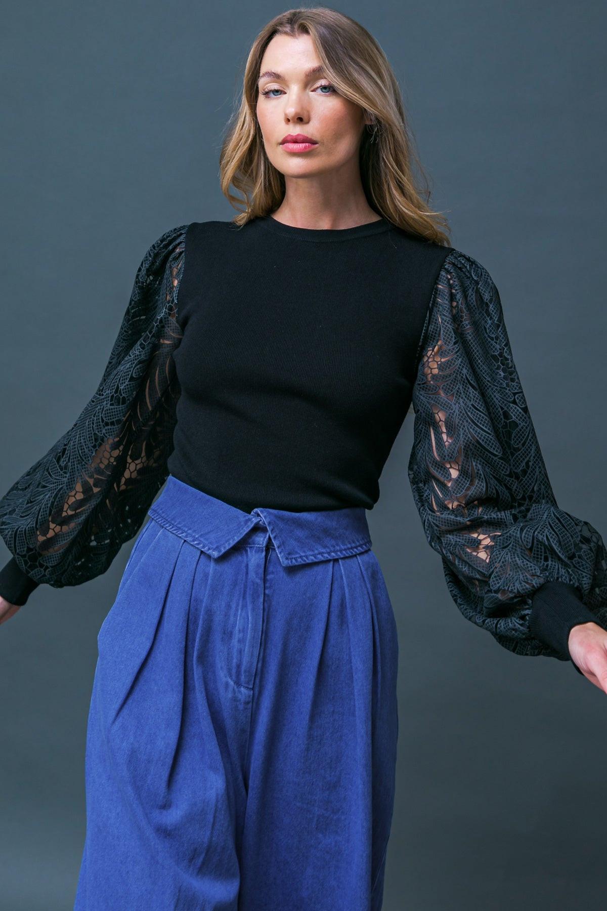 Leisure Life Knit Sweater Top With Round Neckline And Contrasting Puff Sleeves