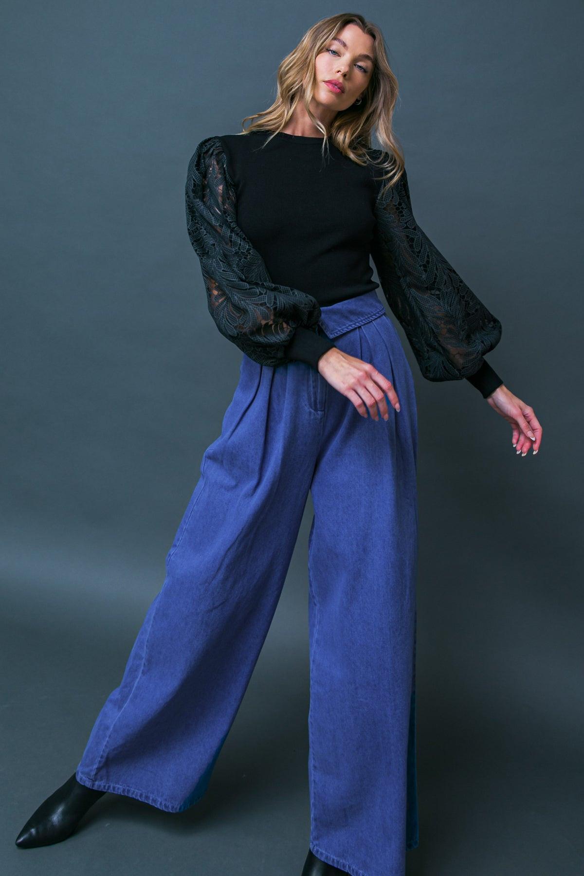 Leisure Life Knit Sweater Top With Round Neckline And Contrasting Puff Sleeves