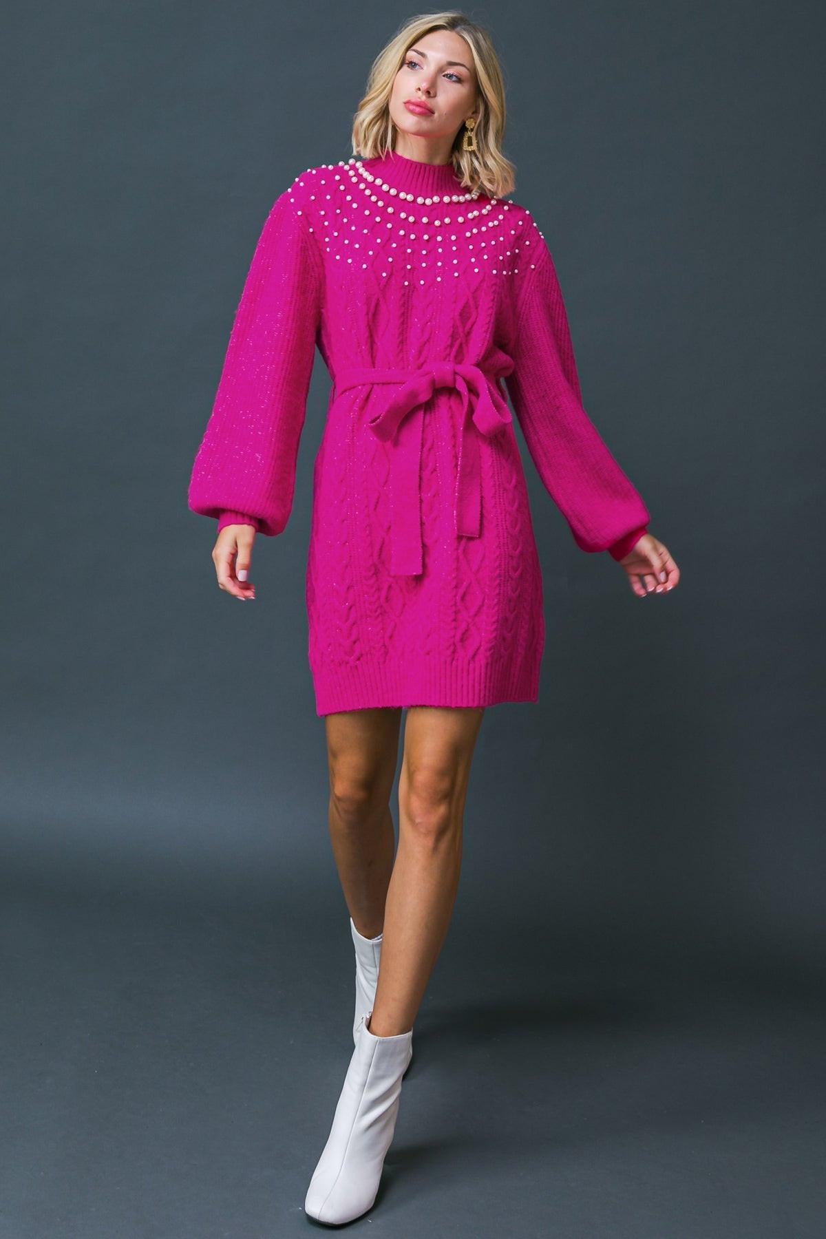 Bring The Vibes Sweater Mini Dress With Pearl Trim And Self Tie Sash Belt